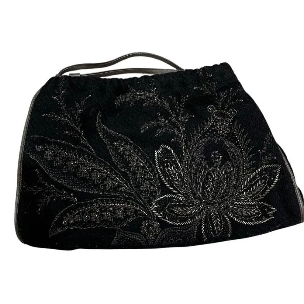 Megan Park England Black Beaded Knit Shoulder Bag Vintage Eveningwear Purse